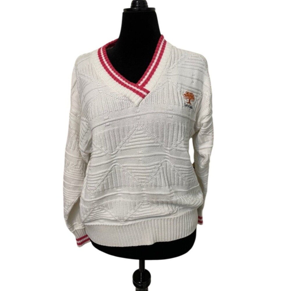 Vintage HEAD Sportswear Carmel Valley Textured Knit Sweater Womens L Pink White
